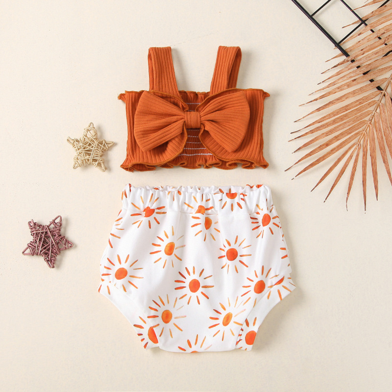 Conyson Wholesale Cotton Gauze Infant Flutter print bowknot Suit Baby kids girls Summer Clothing Rompers Sleeveless rompers