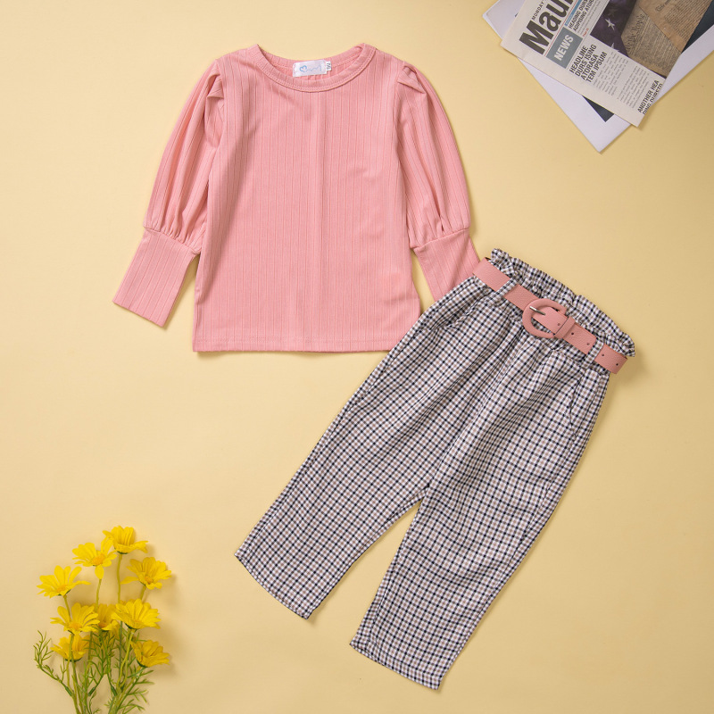 Conyson Fashion 1-6Y Kids Girls Autumn Clothes Sets Long Puff Sleeve Solid Tops Belt Plaid Print Pants 2 Piece Girl Outfits