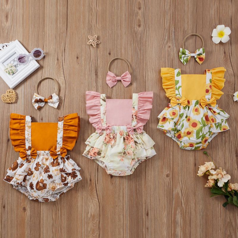 Conyson Baby Girl Flower Ruffle Romper Newborn Backless Jumpsuit Headband Girls Sunsuit Outfit 2pcs Baby Summer Clothing