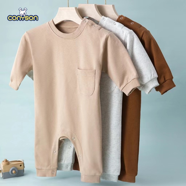 Conyson Wholesale Customize Logo Baby Clothes Solid Cotton Long Sleeve Infant Baby sweatshirt Pants Romper
