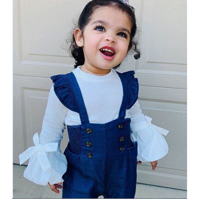 Conyson Hot New Children Clothing Sets Summer Girls Princess Causal Long Sleeve T-shirt+Strap Pants 2Pcs Kids Girls Clothes Sets