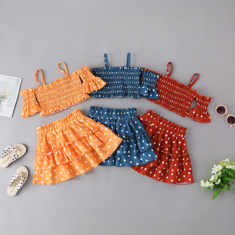Conyson Hot Sale Summer Girls Printed Beach Fashion Halter Cake Children Dot Kids Clothing Skirt Set for 2-7 Years Girls
