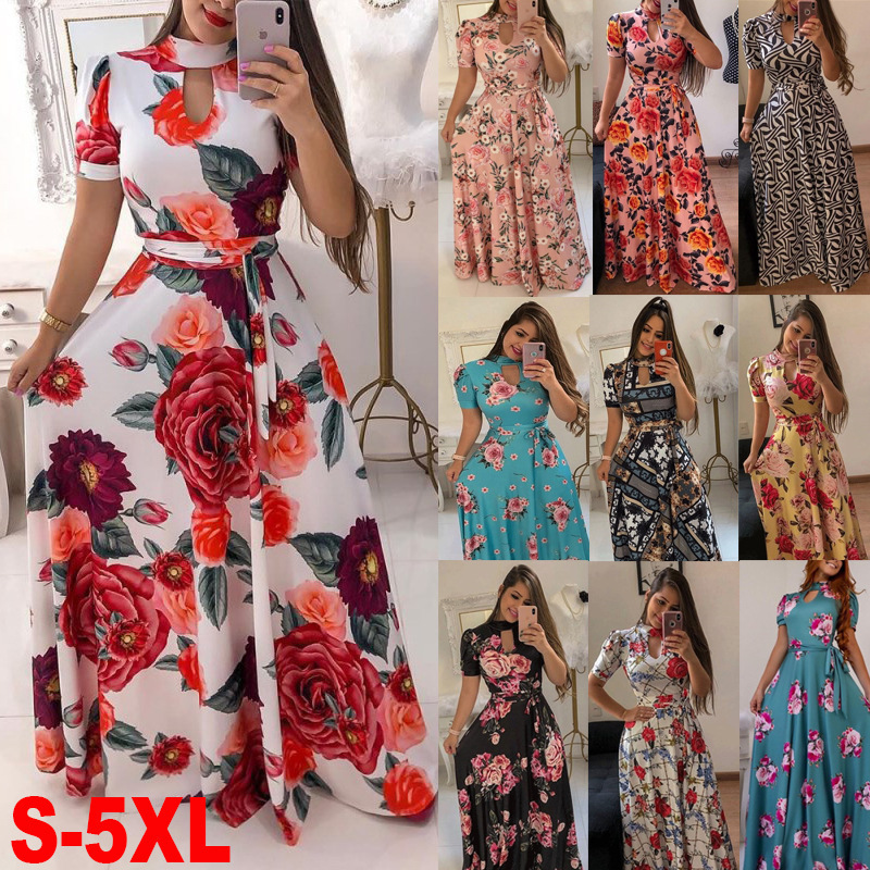 2022 Custom Summer Floral Long Skirts Hollow Out Printed Plus Size Women Clothing Holiday Elegant Casual Style Dress