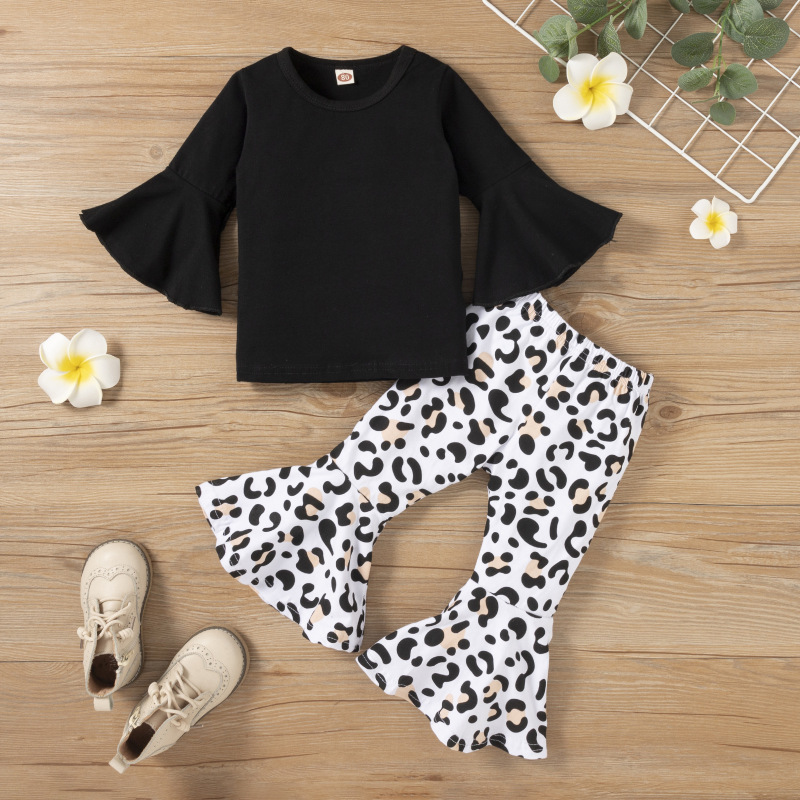 Conyson Baby Girl Clothes Set T-shirt Tops+ Leopard Print Bell-bottomed Pants Flared Pants Outfits Kids Clothes Girls Set