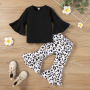 Conyson Baby Girl Clothes Set T-shirt Tops+ Leopard Print Bell-bottomed Pants Flared Pants Outfits Kids Clothes Girls Set