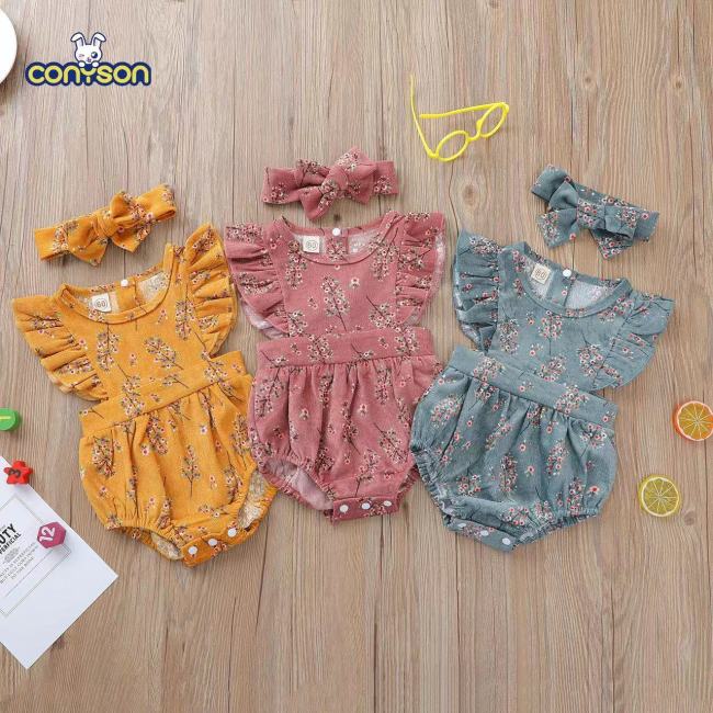Conyson Summer Baby Clothes Flower Romper With Headband Outdoor Wear Cuter For Infant Baby Girls Romper