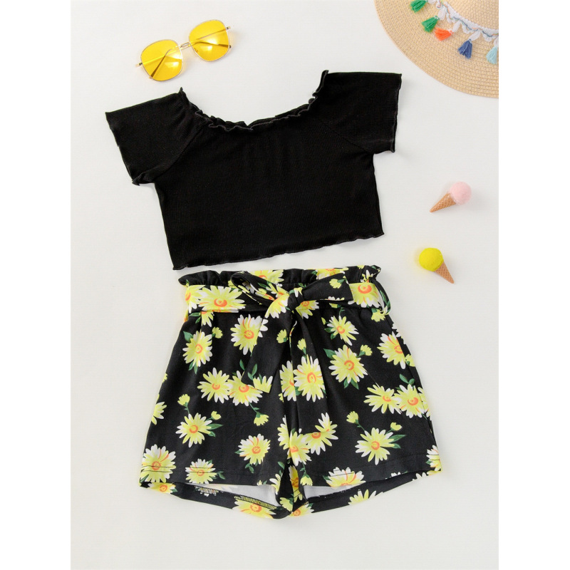 Conyson Hot Sale European and American Kids Clothes Outfit Suit Black Stripe Tops+Flower Belt Bow Shorts Kid Girls Clothing Sets