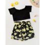 Conyson Hot Sale European and American Kids Clothes Outfit Suit Black Stripe Tops+Flower Belt Bow Shorts Kid Girls Clothing Sets