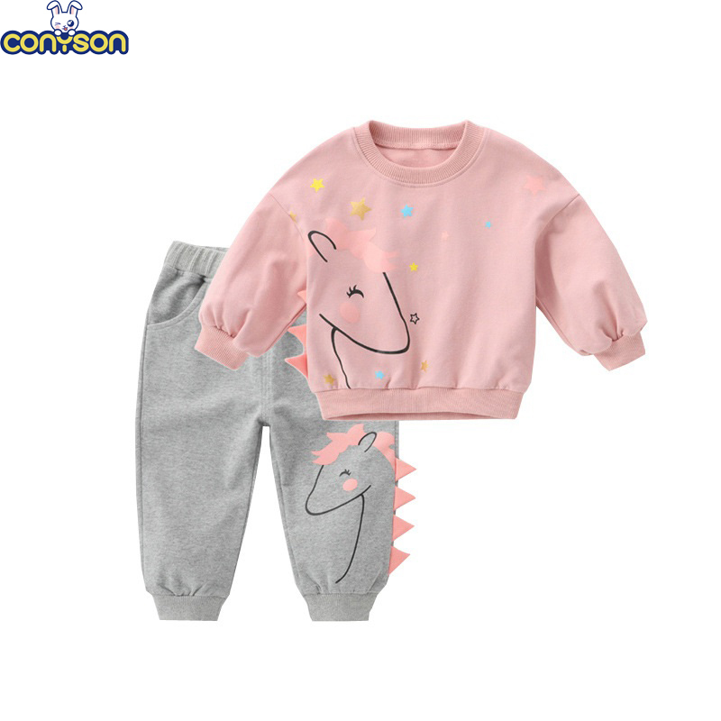 Conyson Fashion New Soft Fabric Cartoon Children's Long Sleeve cotton print rainbow horse Two-piece Winter Clothing Set