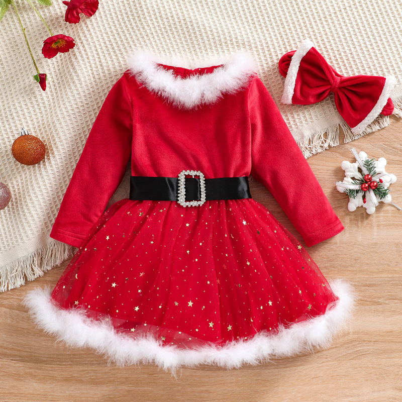 Conyson Toddler Kids Baby Girls Christmas Outfit Long Sleeve Red Princess Dress with Belt Children Santa Gifts Baby dress