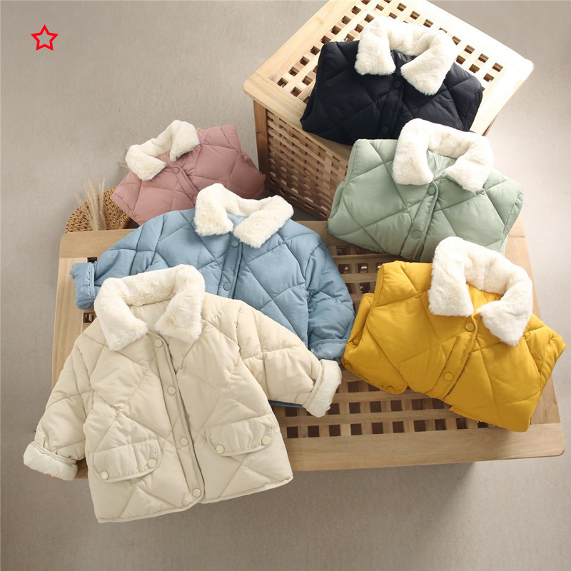 Loose Down Cotton Padded Jacket Baby Boy Girl Clothing Solid Color Diamond Plaid Fleecy Wool Collar Coat