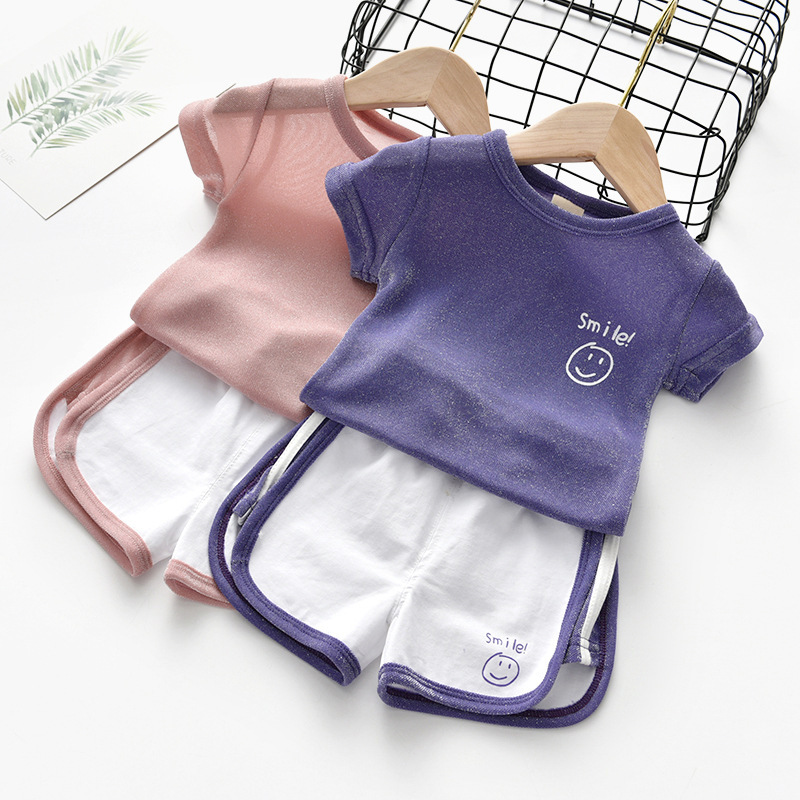 Conyson Wholesale Kids Summer Clothes Baby Girls Smile Letter Printed Casual Ice Silk Short Sleeve Sports Children Clothing Set