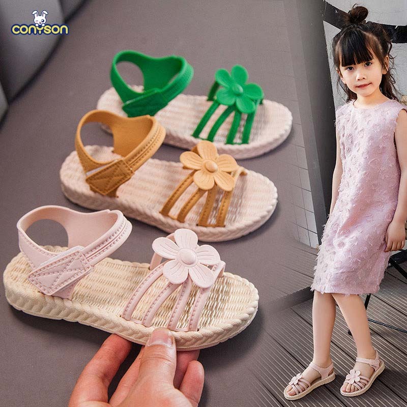 Conyson Wholesale Summer Fashion Soft Bottom Princess Sport Shoes Kids Girls Flower Strap Up Heeled Sandals Femme