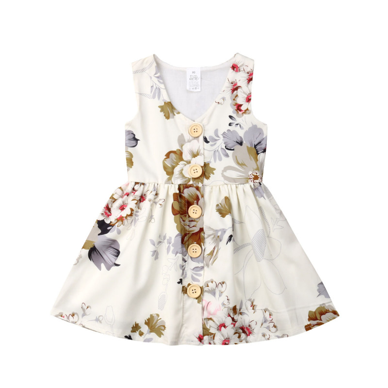 Conyson Wholesale Summer New Kids Clothes Children Baby Girls Sleeveless Printed Skirt Button Big Flower Cotton Baby Girls Dress