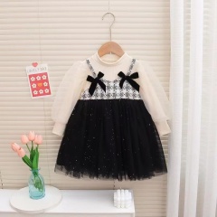 Conyson New Arrival Latest Design Fashion Lattice Bowknot Baby Girl Casual Princess Dress Spring Fall Kids Girl Cotton Clothing