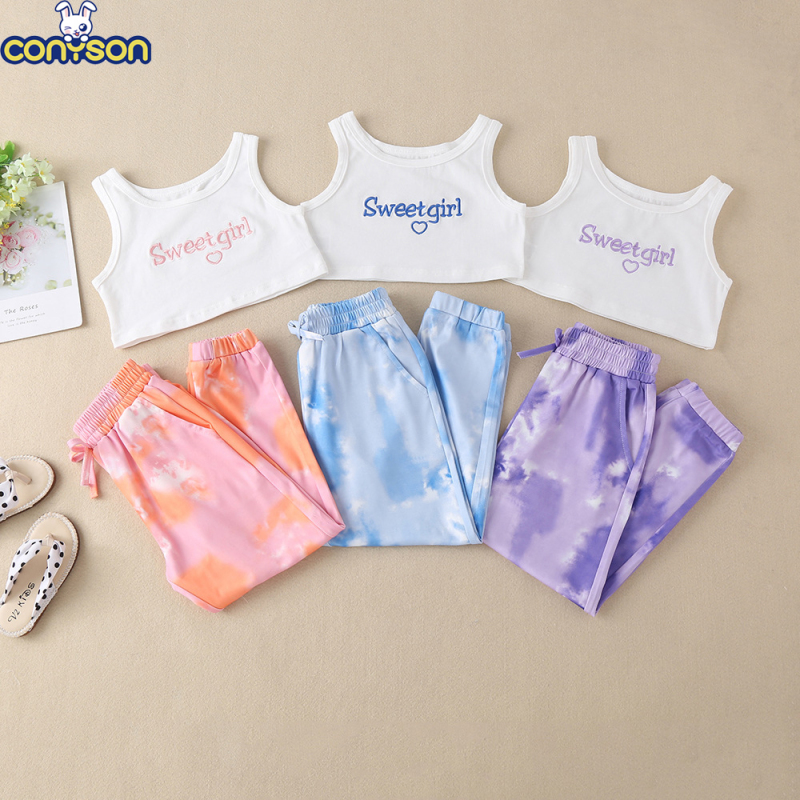 Conyson hot sale 2021 summer Trend Children's sleeveless tie-dye cotton Set Wholesale sweater Kids girls Clothing Sets