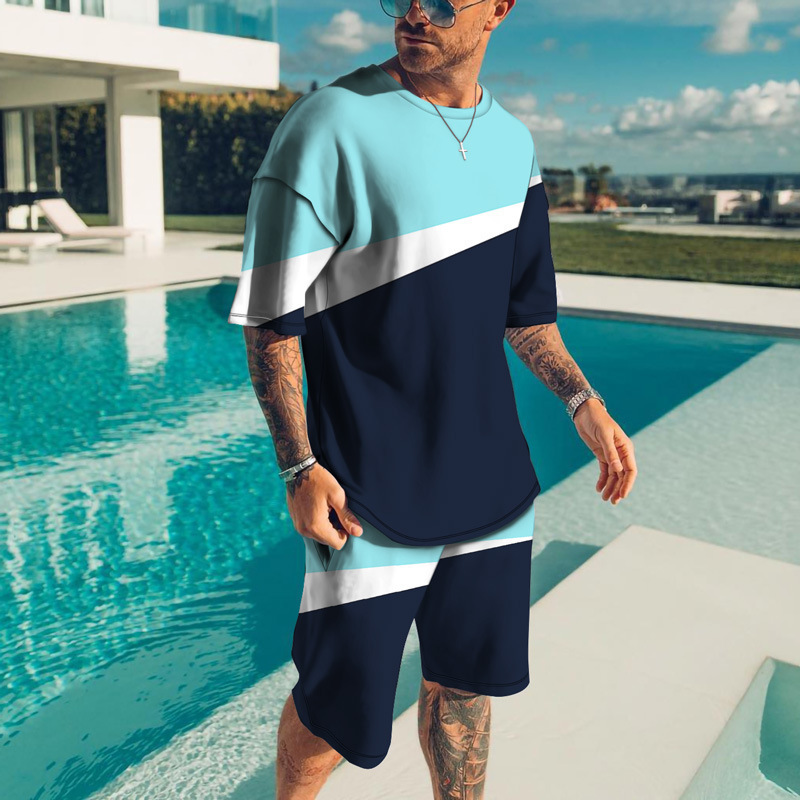hot sale rts summer Custom logo Made Outdoor men jogger Clothes suit patchwork color clothing two-piece adult t-shirt short Set