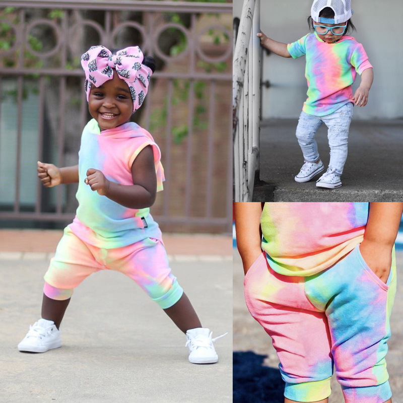 Conyson Summer Fashion Kids Girl Clothes Set Sleeveless Tie Dye Printed T-shirts+ Pants 2pcs Little Girls Tracksuits Outfits