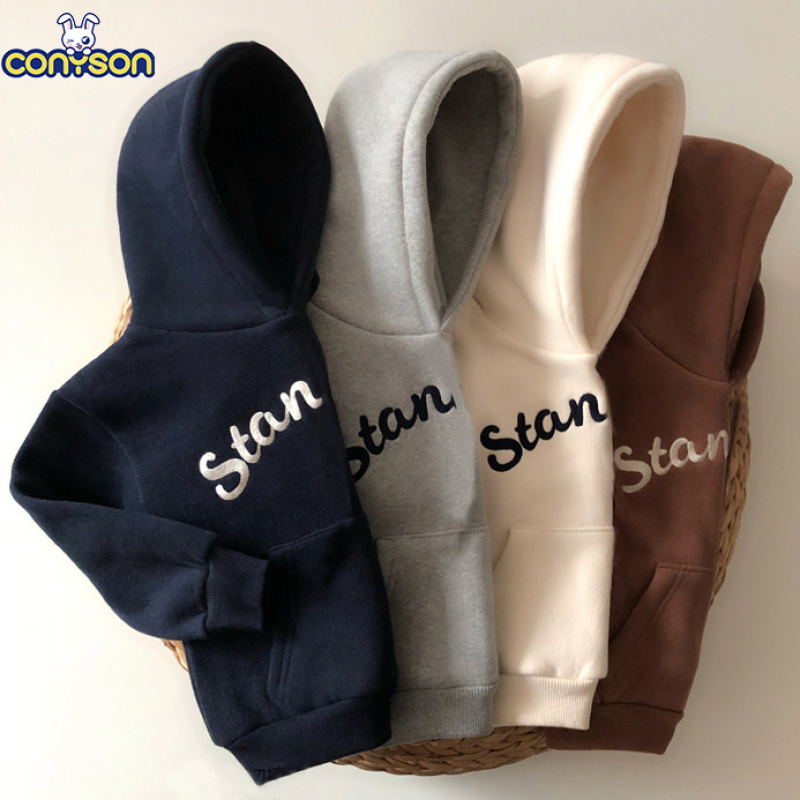 Conyson 2021 Wholesale kids fleece baby hoodie custom logo plain thick baby boy girl clothes sweatshirts boys hoodies
