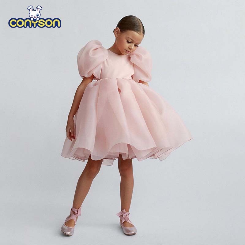 Conyson High Quality Fashion Mesh Girls Princess Vintage Tulle Puff Sleeve Pink Wedding Party Birthday Tutu Dress