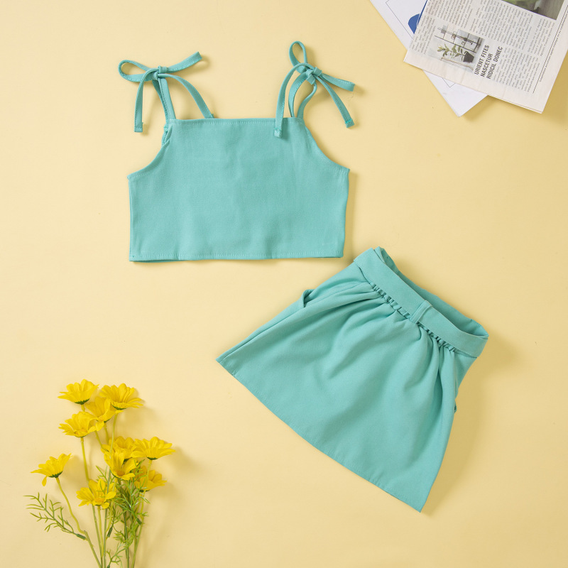 Conyson Fashion Kids Girls Clothes Sets 2pcs Plain Shoulder Straps Crop Camisole A-Line Skirts With Waist Belt Children Clothing