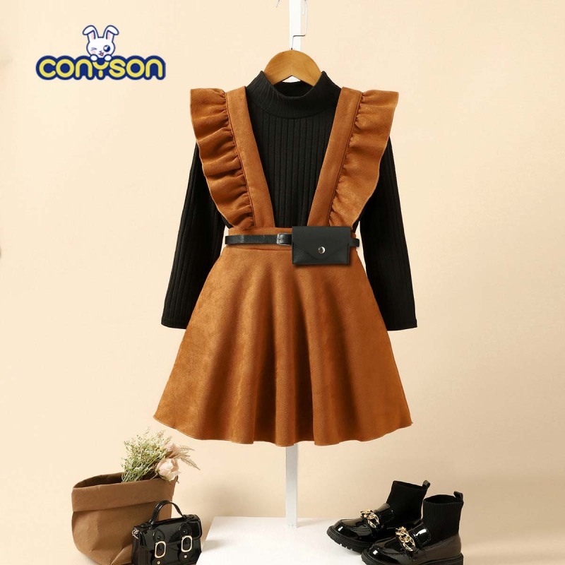 Conyson Boutique Kids Clothes Sweater Brown Strap Skirt 3 Pcs Children Girl Suits Cotton Solid Top Elegant Dresses With Belt Set