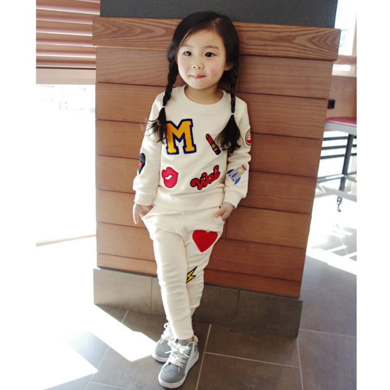 Latest Design Non-hooded Long Sleeves Cute Girl Alphabet Track Cartoon Girl autumn Kids Clothing Sets