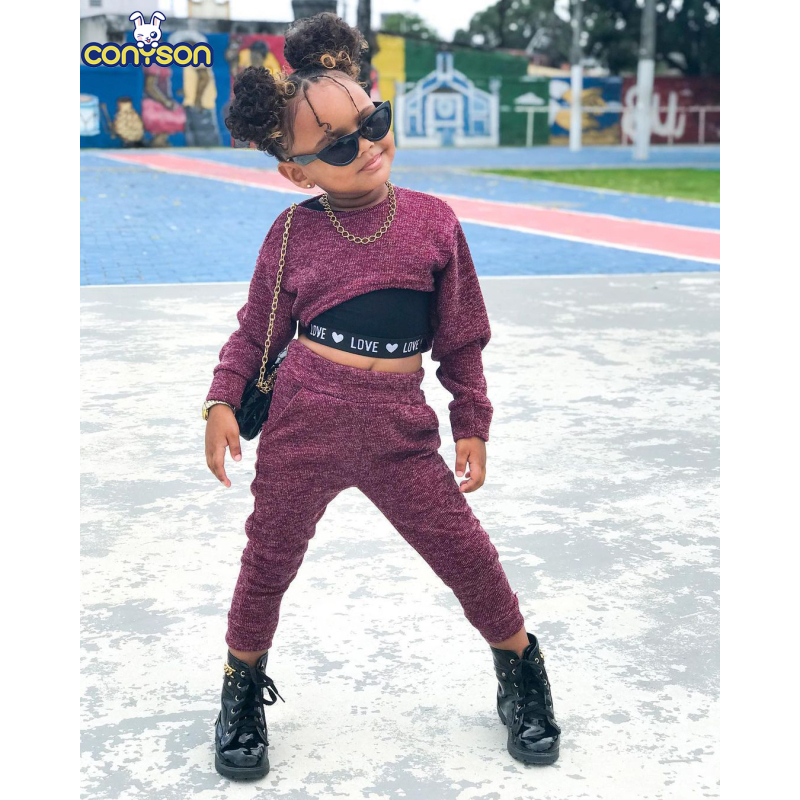 Conyson fashion New Casual Long Sleeve round neck ribbon letter jacket and pants 2pcs Toddler Girls Boutique Outfits set