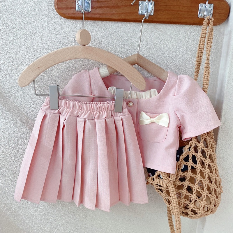 Conyson hot sale fashion summer Latest korean design Style pleated Skirt Set Toddler Girl Pink Kids bowknot 2 pieces clothes Set
