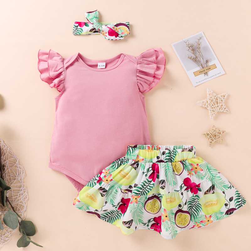 Conyson New Design Summer Pleated Short Sleeves Solid Top+Fresh Fruits Print Dress + Headband Casual 3Pcs Baby Girl Clothes Sets