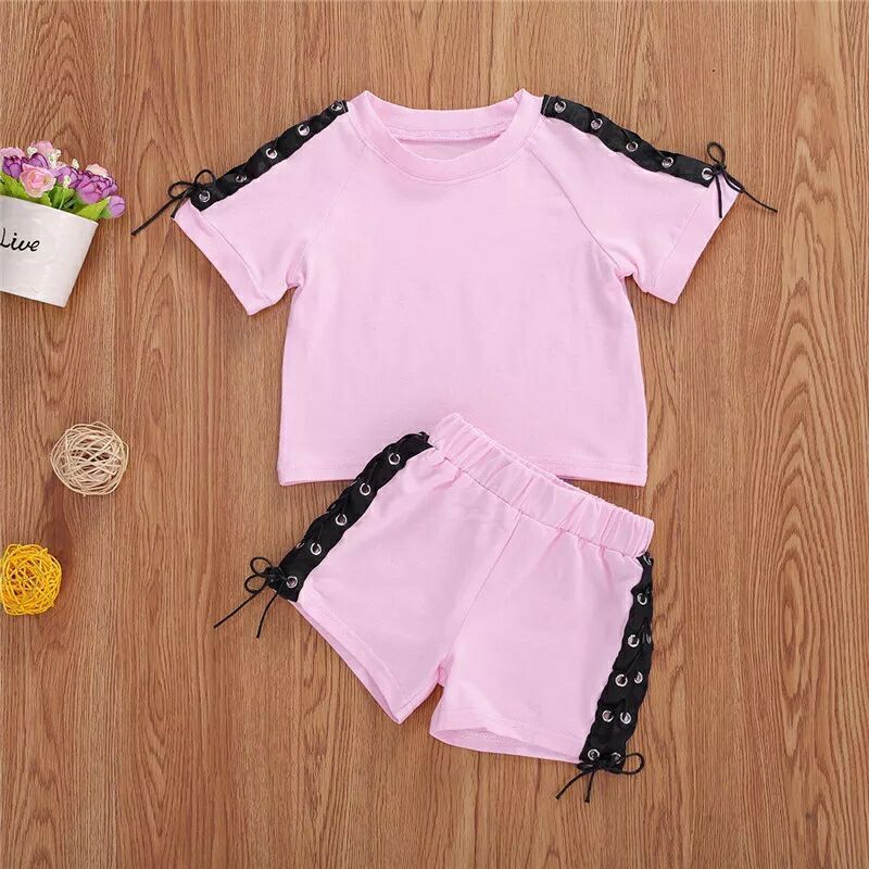 Conyson Wholesale Hot New Kids Clothes Children Summer Baby Little Girls Short Sleeves T-shirt Shorts String Design Clothing Set