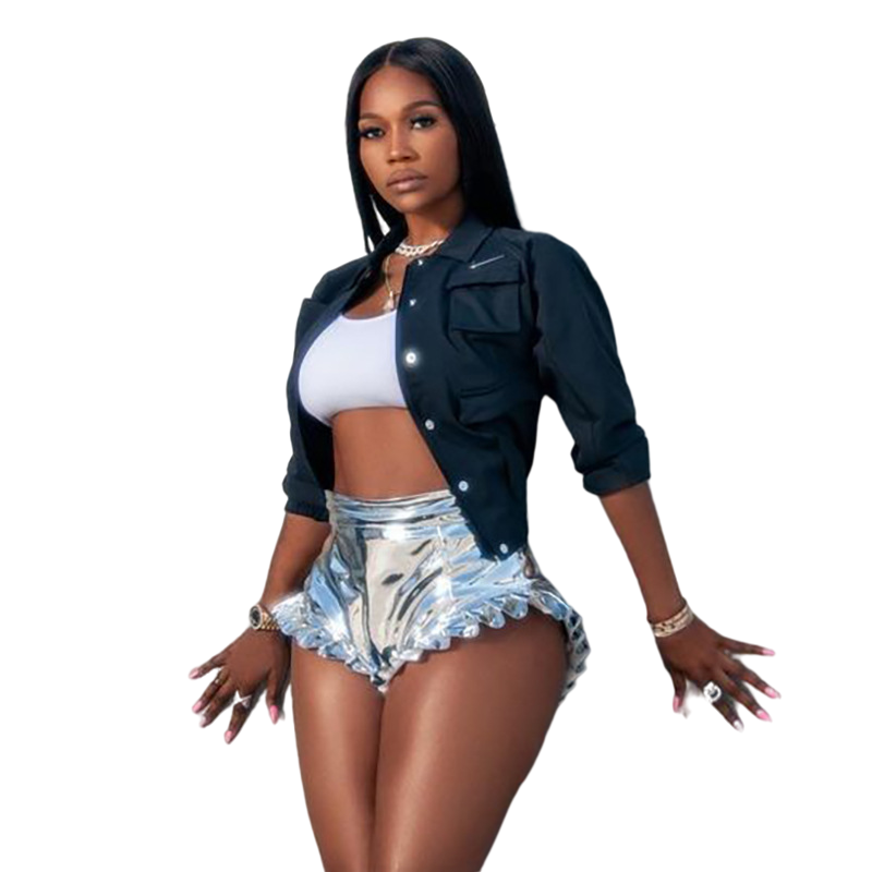 Lady Fashion High Waist Booty Summer Shorts PU Faux Leather Silver Metallic Ruffle Shiny Shorts For Women