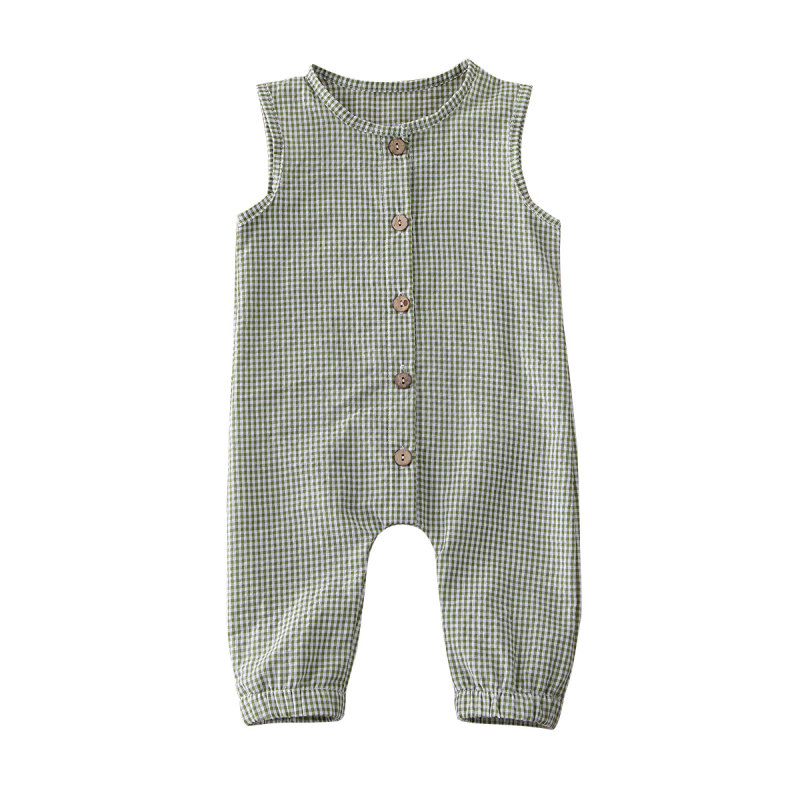 High Quality Covered Button Cotton Lattice Sleeveless Summer Plain Korean Newborn Baby Bodysuit Rompers