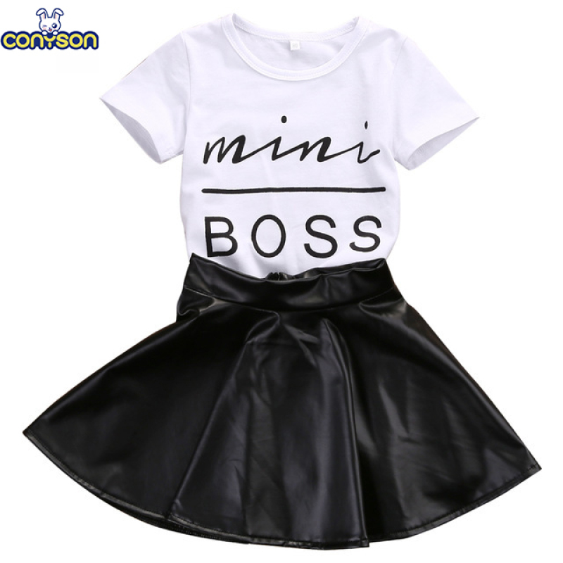 Wholesale Short Sleeve Pu Leather Skirt Korean Child Girls Summer 2Pcs Clothes Kids Clothing Set