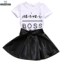 Wholesale Short Sleeve Pu Leather Skirt Korean Child Girls Summer 2Pcs Clothes Kids Clothing Set