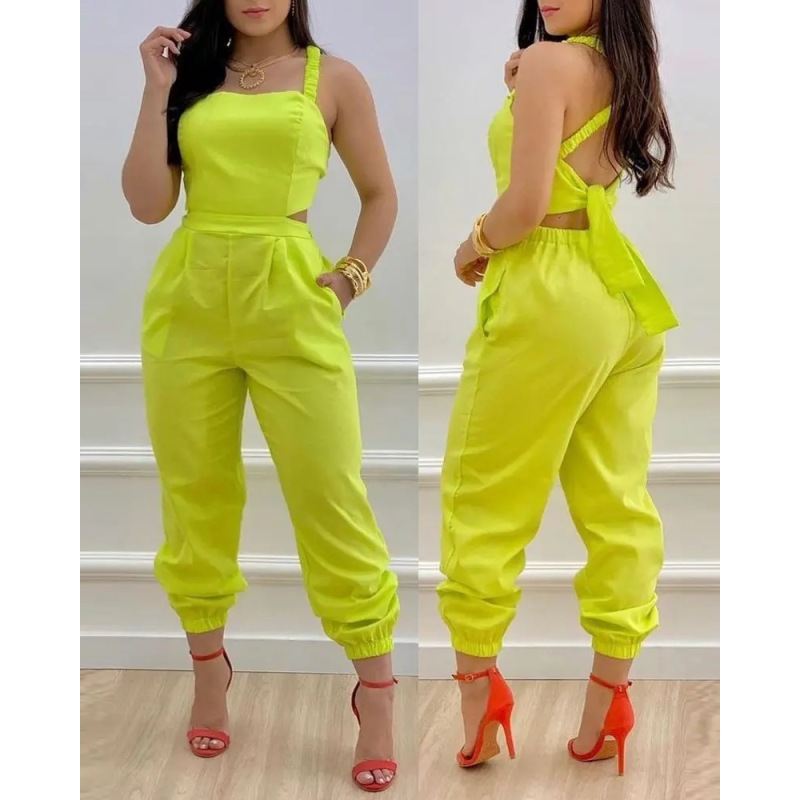 Spring And Summer New Fashion Suspender Vest Apparel Boutique Clothing Backless Bow Print High Waist Jumpsuit Women Clothes