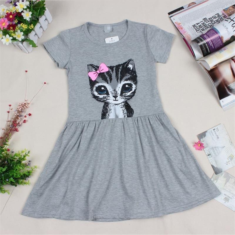 Hot Sale Summer Kids Girl Dress Cat Print Grey Pink Children Best Selling Fashion Summer Clothing Short Sleeve Cat Printed Dress