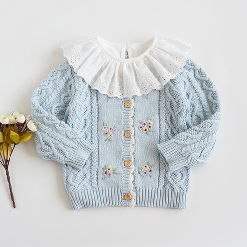 New Style Baby Girl Winter Sweaters Round Neck Lace Multicolor Flower Knitted Cardigan Sweater Designs For Girls