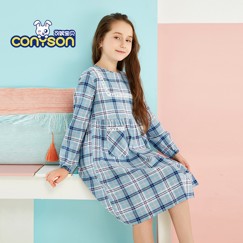 New fashion cotton checker nighty sleeping dress for girls