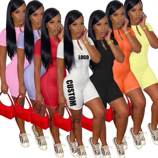 high quality new arrival fashion Summer designer Solid color Custom logo women one piece zipper clothing adult Ribbed clothes