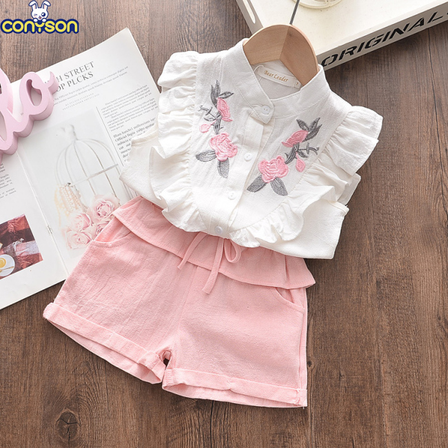Conyson Wholesale Boutique Flares Fashion 2 Pieces Little Girls Matching Clothing Kids Sleeveless Clothing Baby Clothes Outfit