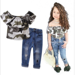 Conyson Wholesale Low Price Market 2023 Summer Girls' Suit Cartoon Sleeveless T-shirt Jeans Western New Ripped Pants Girl Set