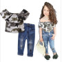 Conyson Wholesale Low Price Market 2023 Summer Girls' Suit Cartoon Sleeveless T-shirt Jeans Western New Ripped Pants Girl Set