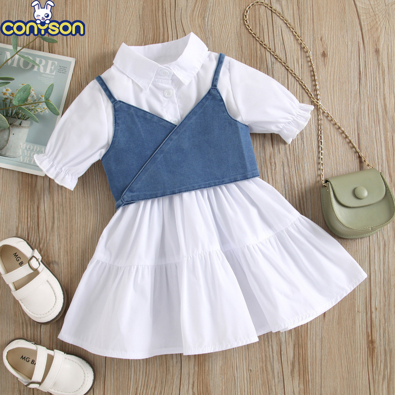 Conyson Hot Sale Suspender Plain Solid Formal Summer New Baby Cotton 2 Pieces Dress Ruffle Little Girls Floral Tutu  Kids Dress