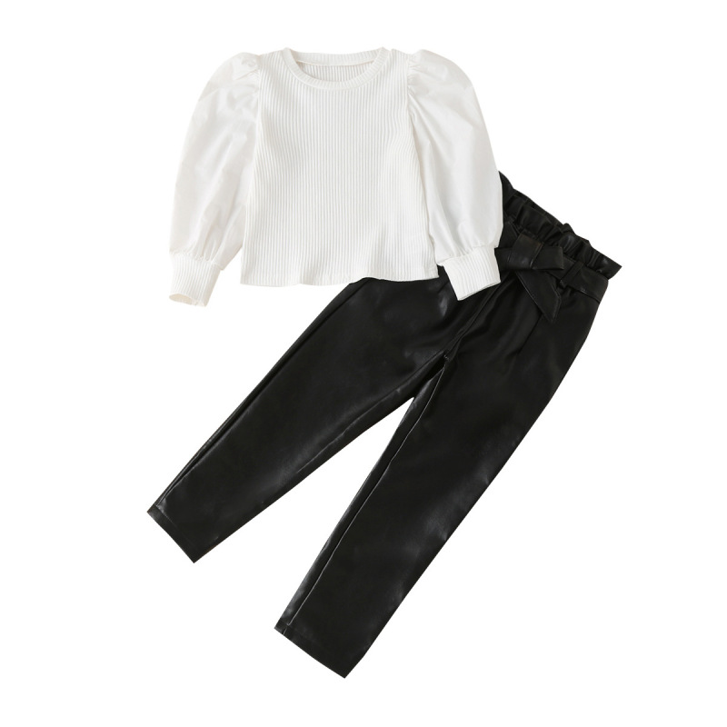 Conyson White Long Sleeve Pullover Baggy Sweats Ruffle Square Collar Leather Pure Color baby girls Long Pants Girl 2Pcs Suit