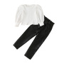Conyson White Long Sleeve Pullover Baggy Sweats Ruffle Square Collar Leather Pure Color baby girls Long Pants Girl 2Pcs Suit