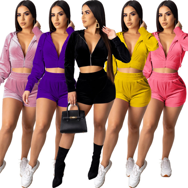 2023 Summer Fashion Jacket Hot Sale Leisure Sexy Long Sleeve Zipper Fitness Short top+shorts Korean cozy jogger Women Set