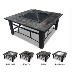 Square Fire Pit with BBQ Grill Cooler and Tile Table Top Charcoal Outdoor Garden 4 in 1 81cm by 81cm