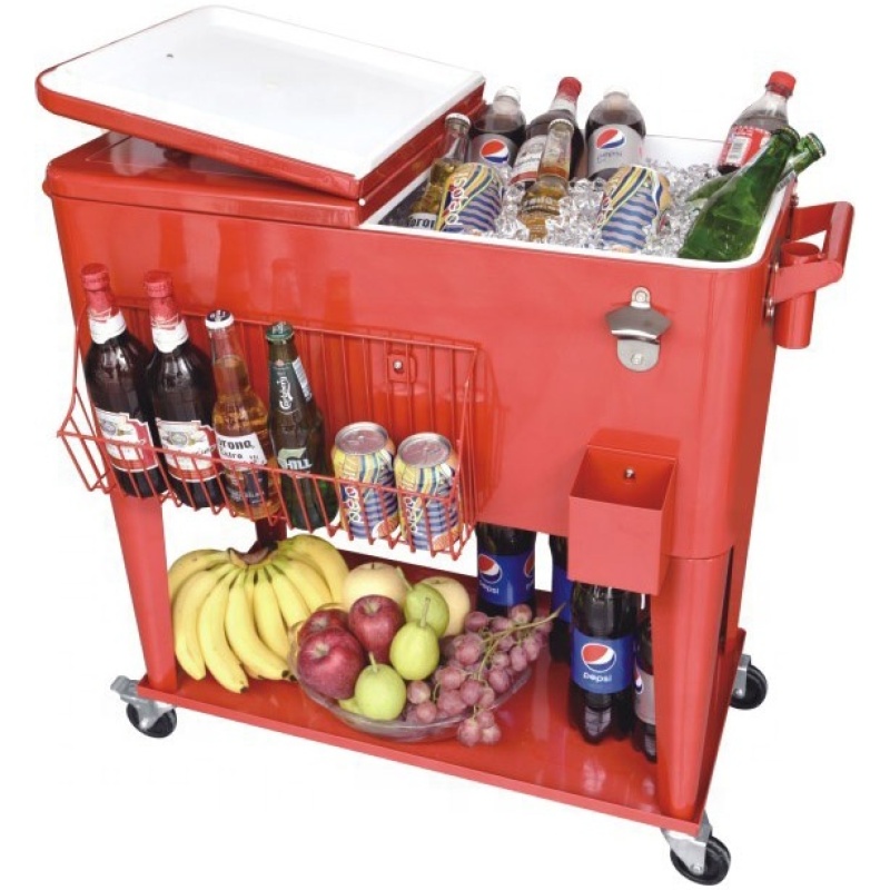 Outdoor Metal Patio Rolling Cooler 80 QT Red Ice Beer Chest Cart With Bottle Opener and Catch Tray