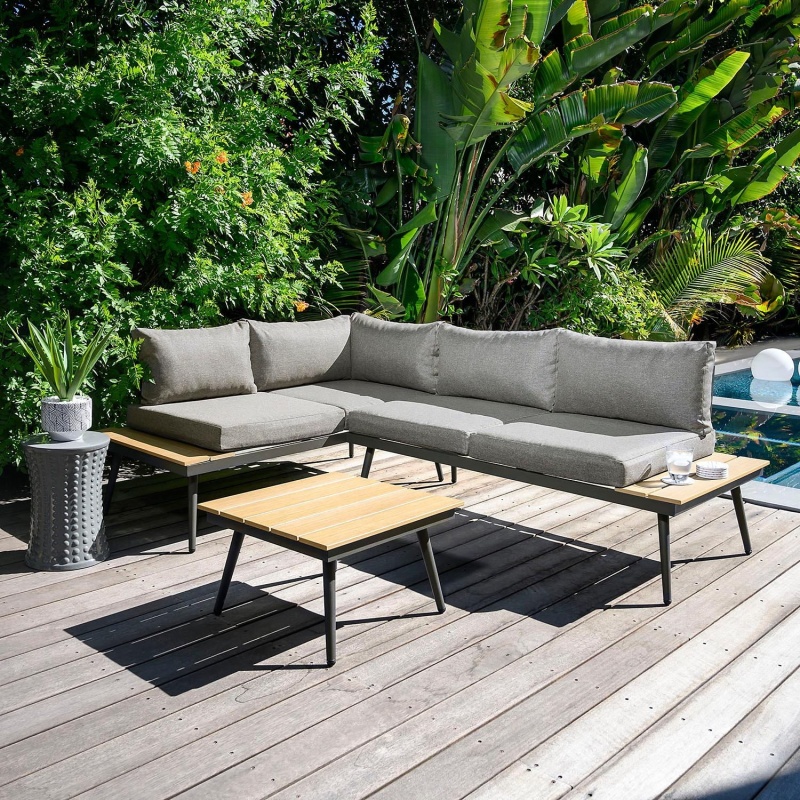 New design Outdoor furniture with Aluminium Frame wood on sofa and table top KD SET